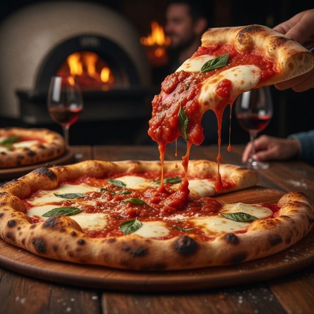A pizza dripping with sauce on a rustic wooden table, looking delicious.
