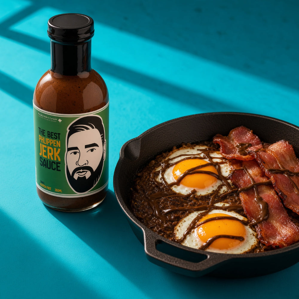 A bottle of 'The Best Philippin Jerk Sauce' next to a cast iron skillet containing a breakfast dish of eggs and bacon, set against a bright blue background with diagonal shadows.
