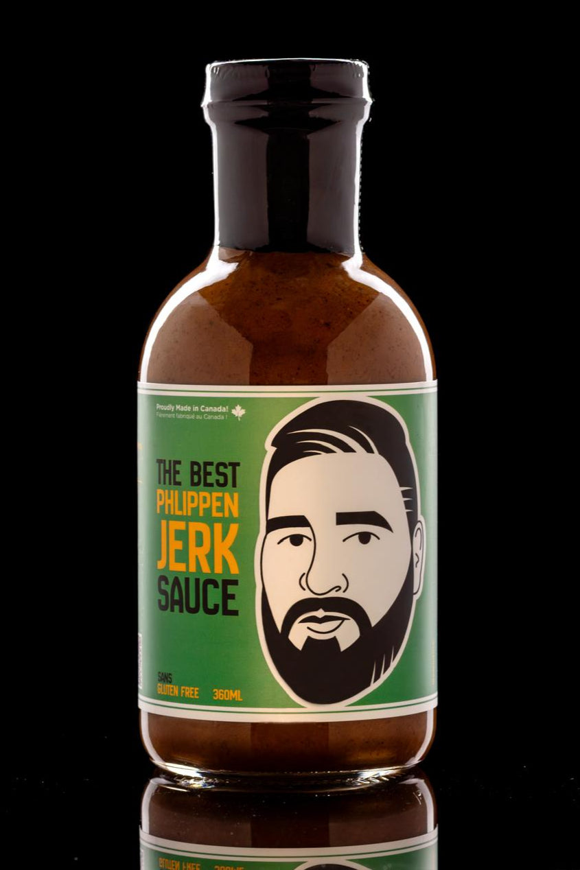 Single bottle of Phlippen Jerk Sauce, crafted in small batches with hand-smoked local ingredients, perfect as a versatile base for jerk chicken pizza or breakfast eggs.
