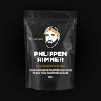 Black packaging with a graphic of a man's face and text about 'Philippen Rimmer' on a black background