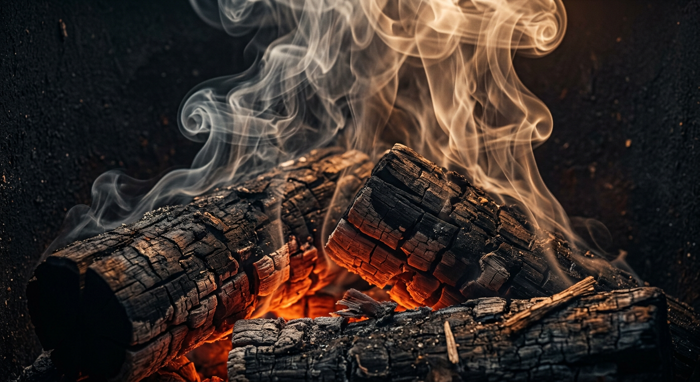 Close-up of burning logs with glowing embers and rising smoke against a dark background.